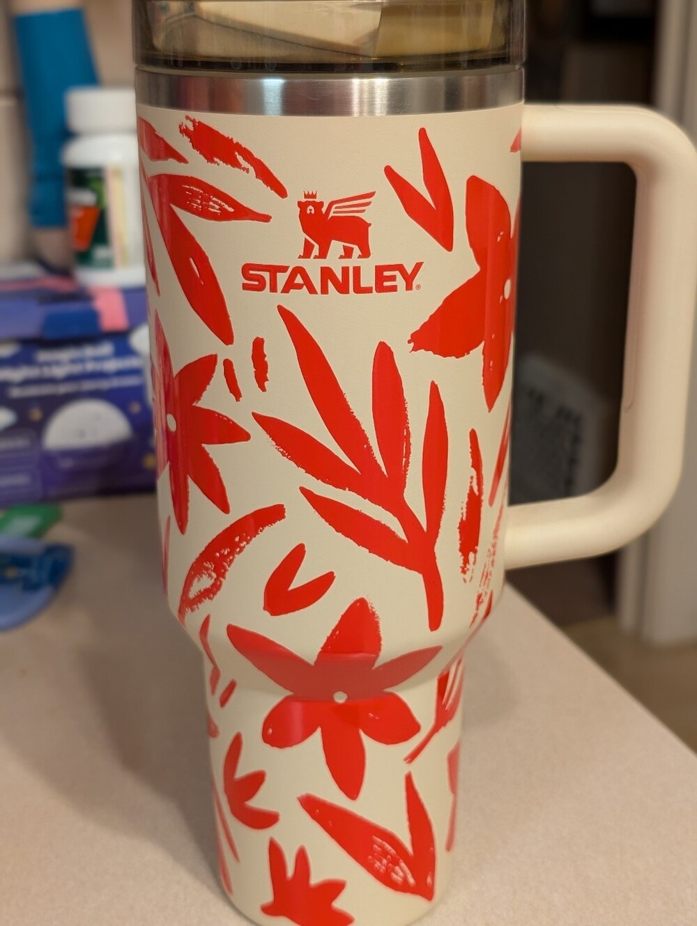 Stanley Cream Tumbler with Bright Red Floral Design